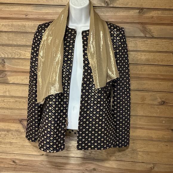 St. John Evening Black Gold Knit Jacket Zip Paillettes Rhinestone W/Scarf Sz 2 - Picture 10 of 15